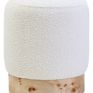 Mota Cream Boucle and Burl Wood Round Stool