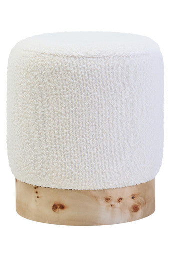 Mota Cream Boucle and Burl Wood Round Stool
