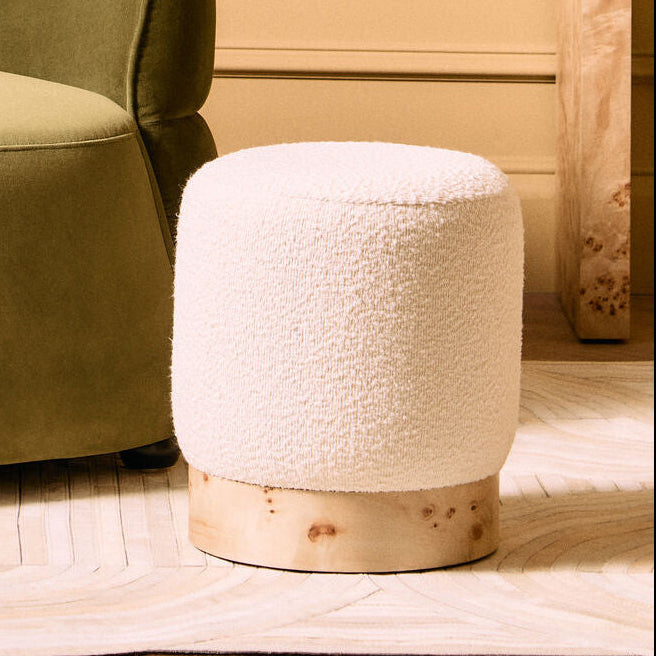 Mota Cream Boucle and Burl Wood Round Stool