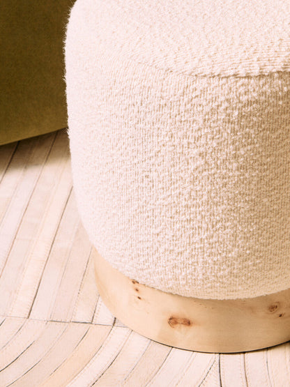Mota Cream Boucle and Burl Wood Round Stool