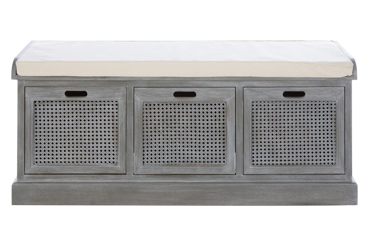 Heritage Wooden and Rattan 3 Drawer Storage Bench with Cream Cushion