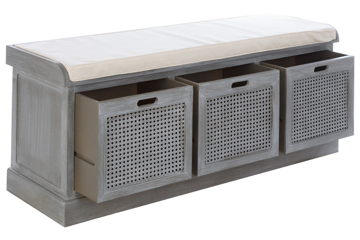 Heritage Wooden and Rattan 3 Drawer Storage Bench with Cream Cushion