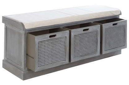 Heritage Wooden and Rattan 3 Drawer Storage Bench with Cream Cushion