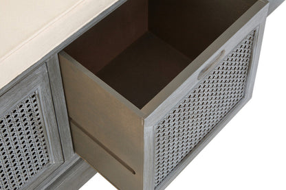 Heritage Wooden and Rattan 3 Drawer Storage Bench with Cream Cushion