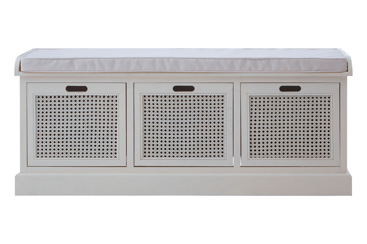 Heritage Wooden and Rattan 3 Drawer Storage Bench with Grey Cushion