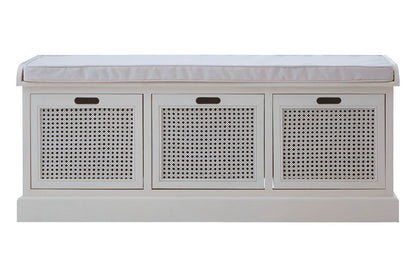 Heritage Wooden and Rattan 3 Drawer Storage Bench with Grey Cushion
