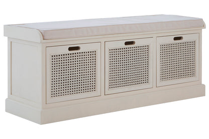 Heritage Wooden and Rattan 3 Drawer Storage Bench with Grey Cushion