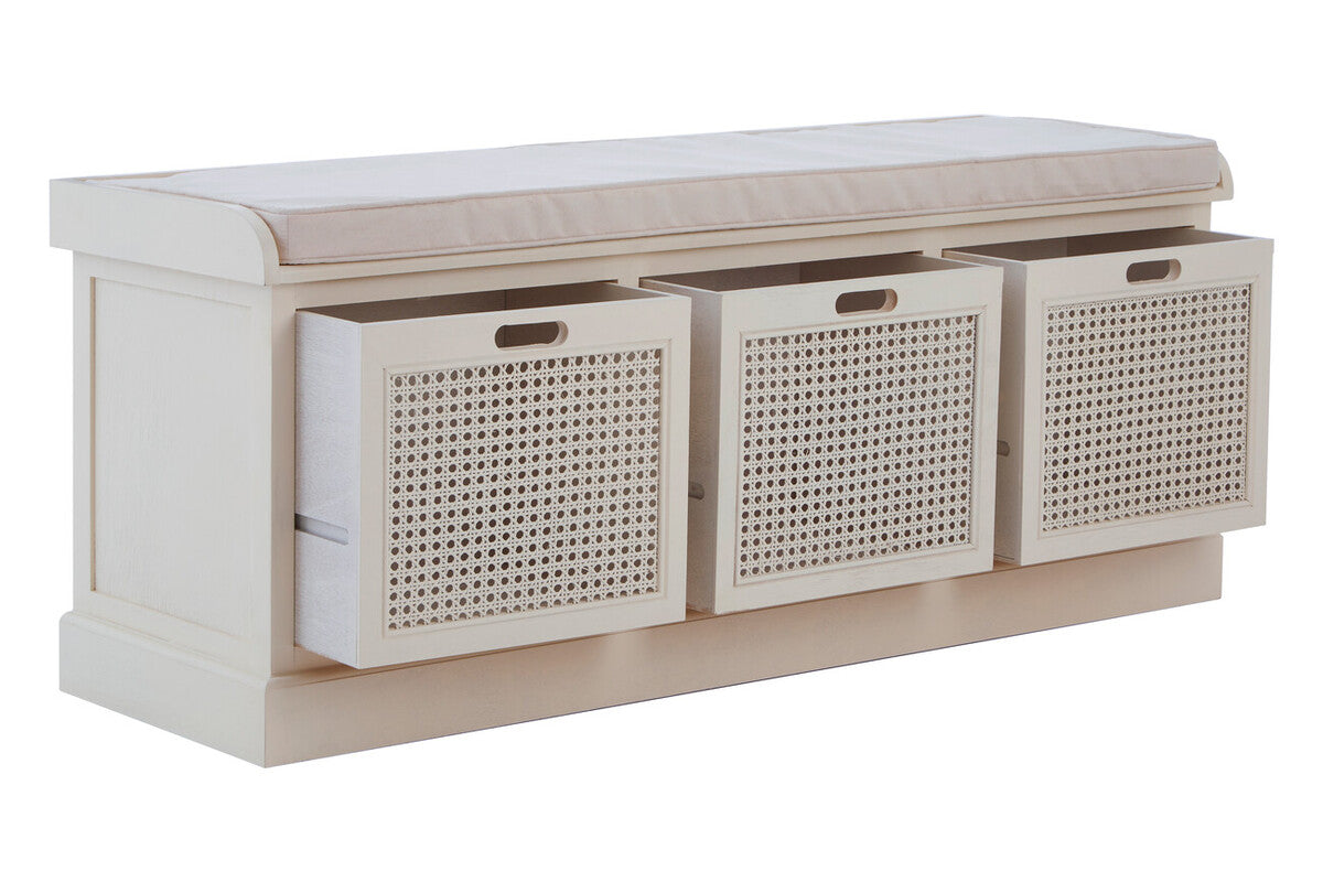 Heritage Wooden and Rattan 3 Drawer Storage Bench with Grey Cushion