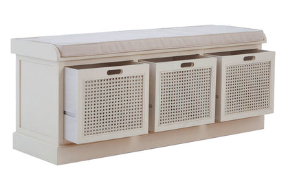 Heritage Wooden and Rattan 3 Drawer Storage Bench with Grey Cushion