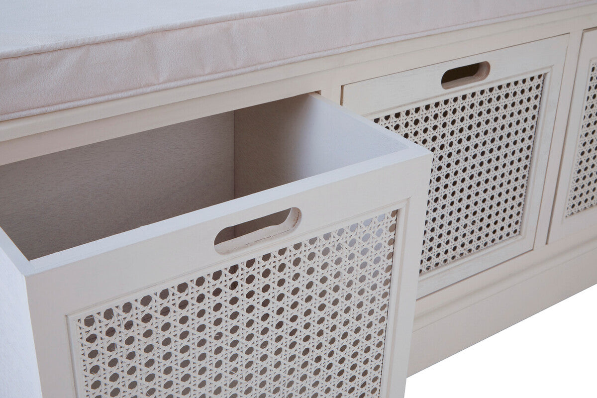 Heritage Wooden and Rattan 3 Drawer Storage Bench with Grey Cushion