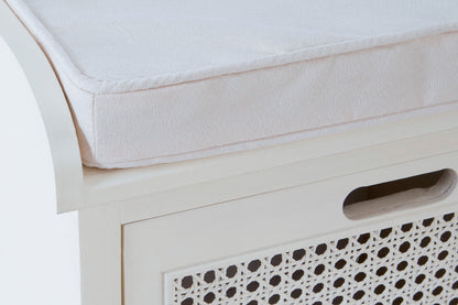Heritage Wooden and Rattan 3 Drawer Storage Bench with Grey Cushion