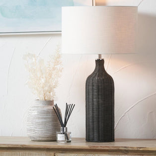 Anika Black Rattan Bottle Table Lamp with White Shade