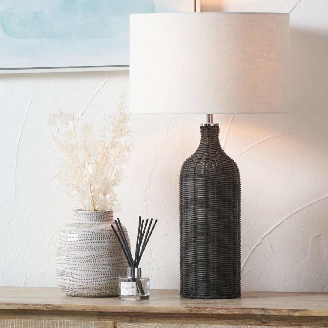 Anika Black Rattan Bottle Table Lamp with White Shade