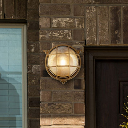 Bulkhead Solid Brass and Ribbed Glass Round IP64 Outdoor Light