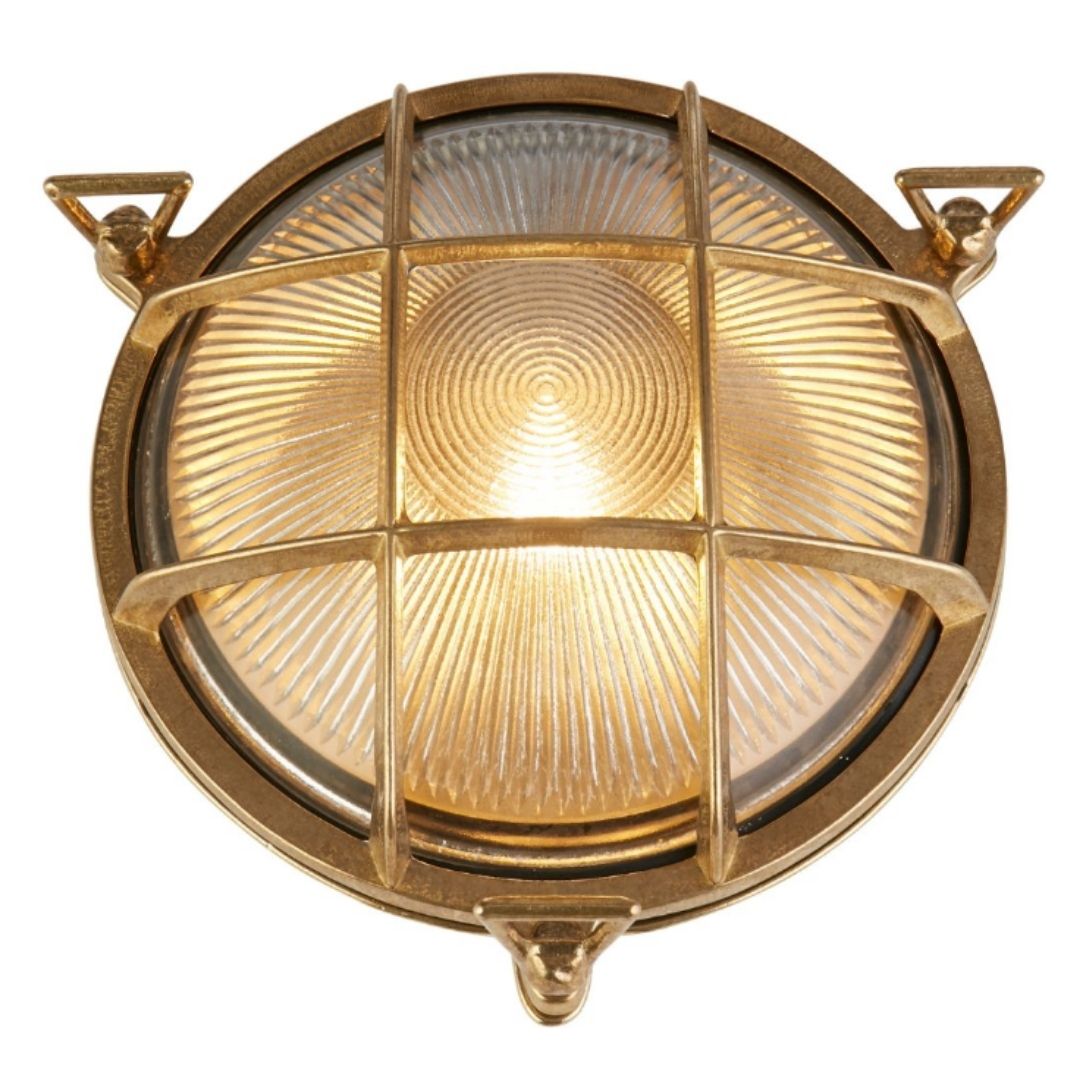 Bulkhead Solid Brass and Ribbed Glass Round IP64 Outdoor Light
