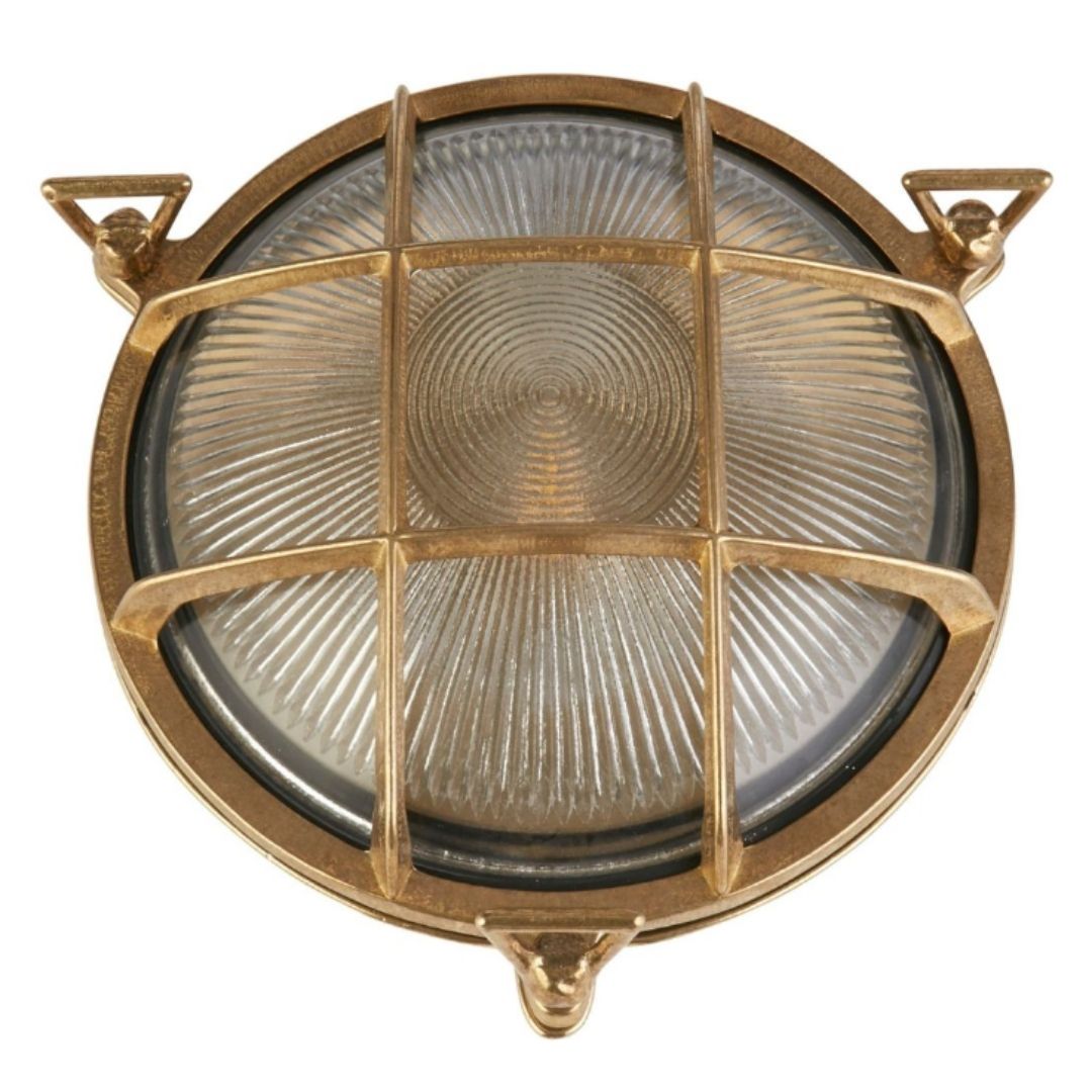 Bulkhead Solid Brass and Ribbed Glass Round IP64 Outdoor Light