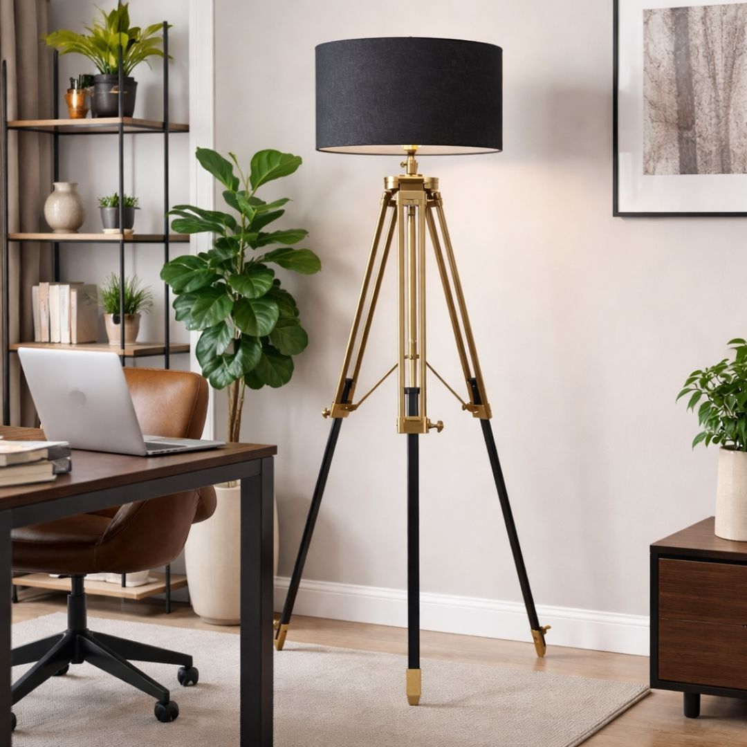 Port Antique Brass and Black Tripod Floor Lamp