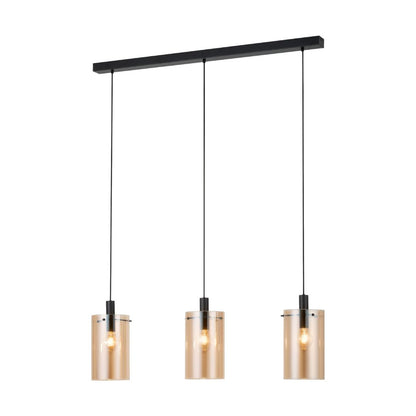 Polverara 3 Light Black & Amber Glass Ceiling Pendant Bar