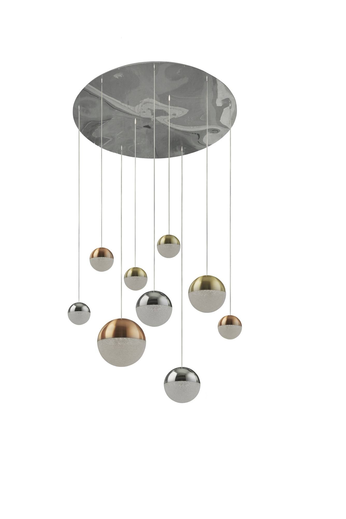 Planets 9 Light Polished Chrome, Satin Brass and Copper Pendant Ceiling Light