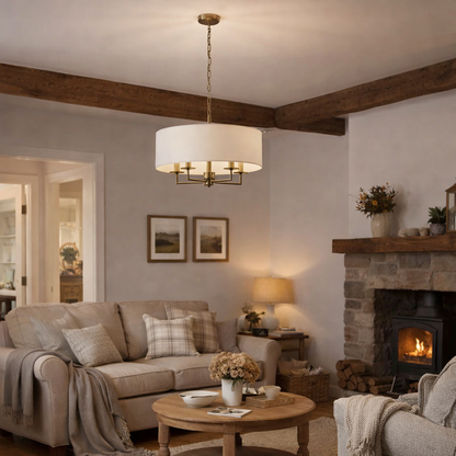 Knightsbridge 5 Light Antique Brass & White Pendant Ceiling Light