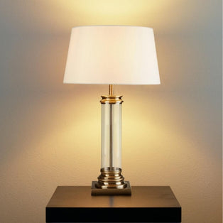 Pedestal Antique Brass & Glass Table Lamp with Cream Shade