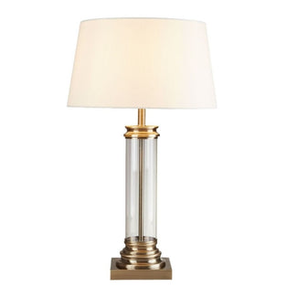 Pedestal Antique Brass & Glass Table Lamp with Cream Shade