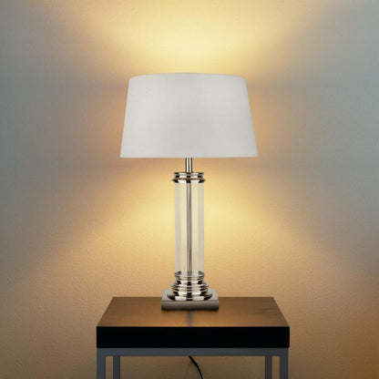 Pedestal Polished Chrome & Glass Table Lamp with Cream Shade
