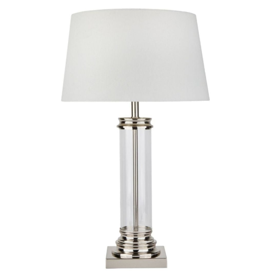 Pedestal Polished Chrome & Glass Table Lamp with Cream Shade