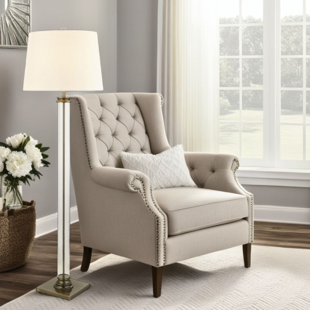 Pedestal Antique Brass & Glass Floor Lamp with Cream Shade