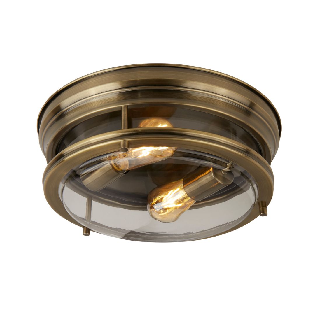 Glasgow 2 Light Antique Brass and Clear Glass IP44 Flush Ceiling Light