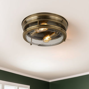 Glasgow 2 Light Antique Brass and Clear Glass IP44 Flush Ceiling Light
