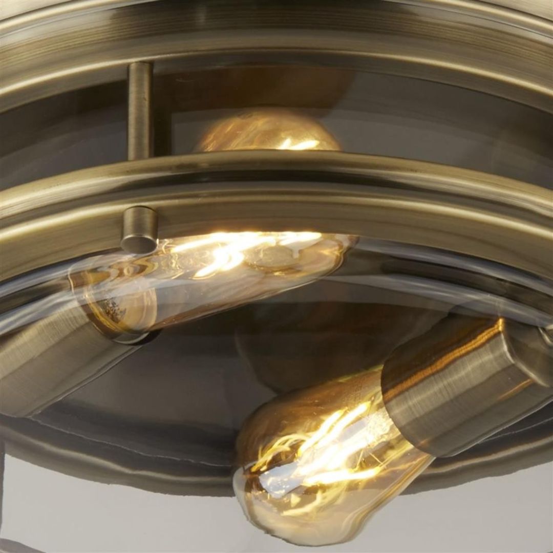 Glasgow 2 Light Antique Brass and Clear Glass IP44 Flush Ceiling Light