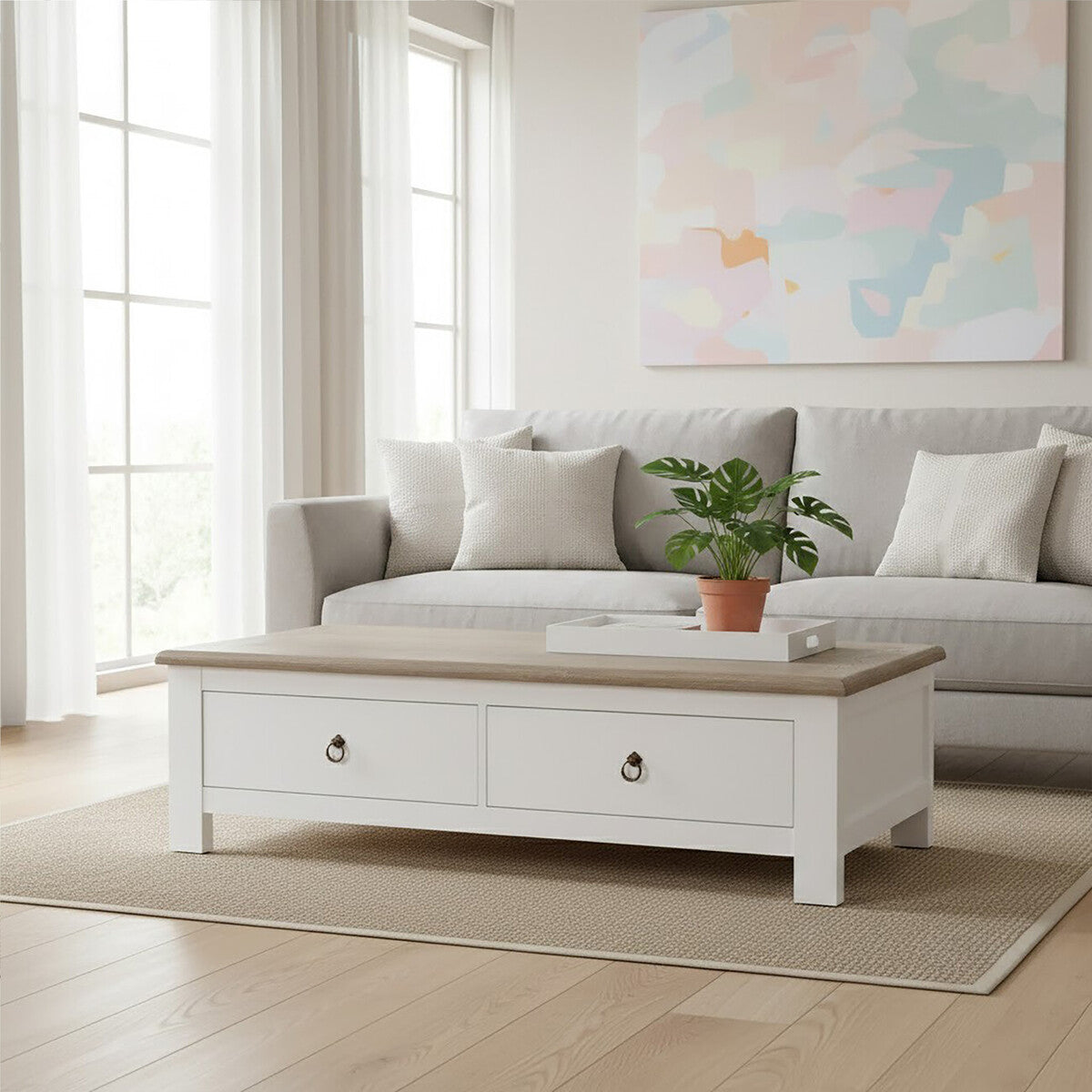 Hampstead White and Oak Wood 2 Drawer Coffee Table
