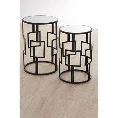 Avantis Black Finish Set of 2 Round Side Tables with Geometric Grid Design
