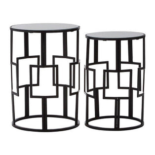 Avantis Black Finish Set of 2 Round Side Tables with Geometric Grid Design