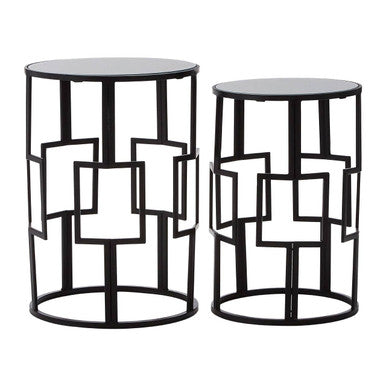 Avantis Black Finish Set of 2 Round Side Tables with Geometric Grid Design
