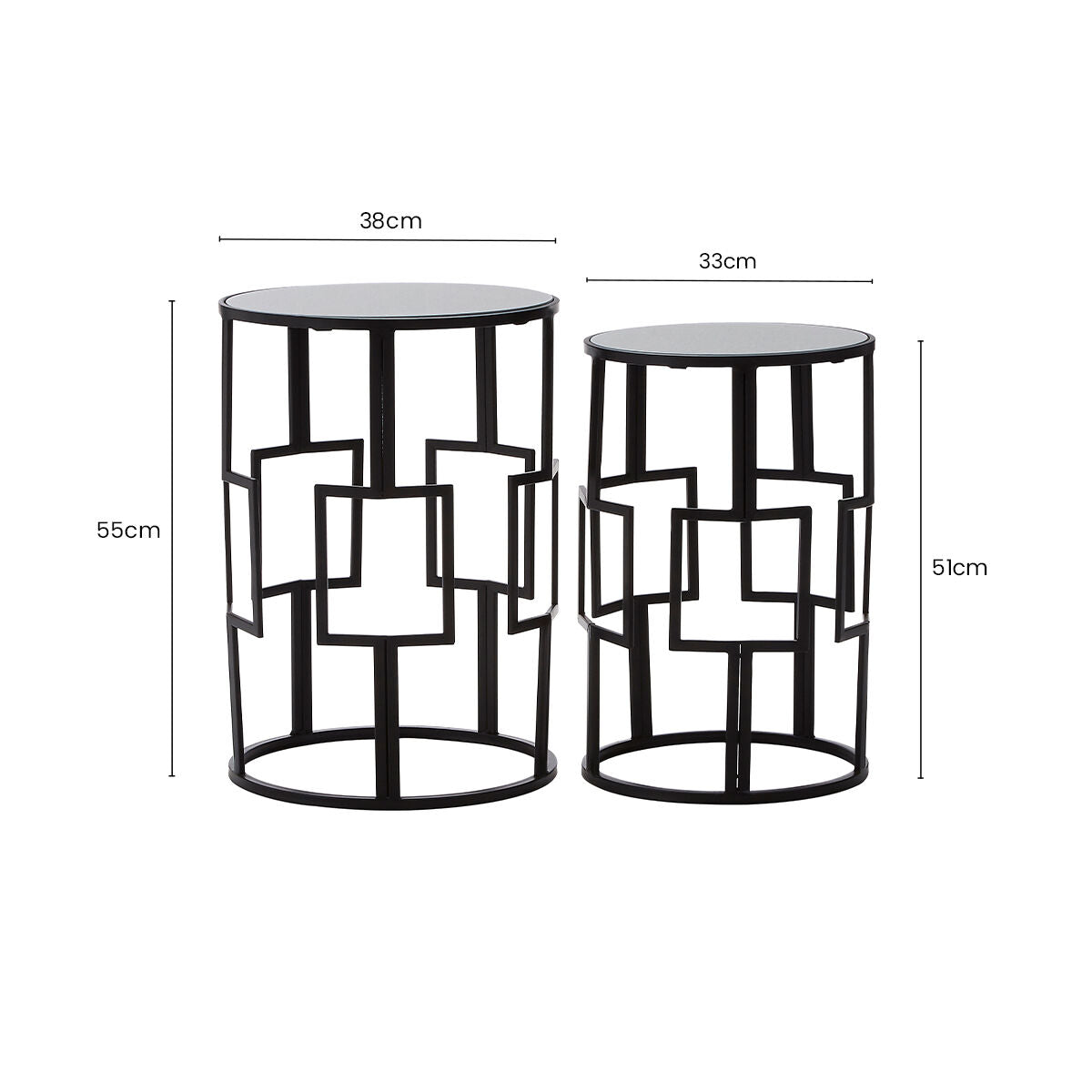 Avantis Black Finish Set of 2 Round Side Tables with Geometric Grid Design