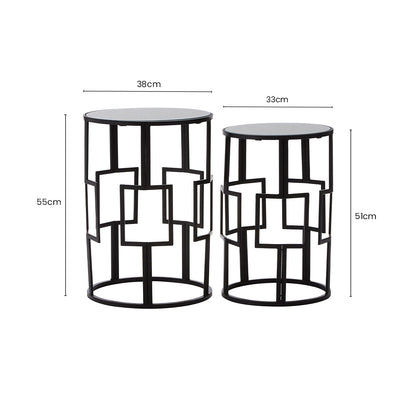 Avantis Black Finish Set of 2 Round Side Tables with Geometric Grid Design