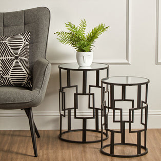 Avantis Black Finish Set of 2 Round Side Tables with Geometric Grid Design