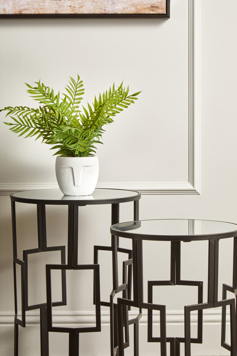 Avantis Black Finish Set of 2 Round Side Tables with Geometric Grid Design