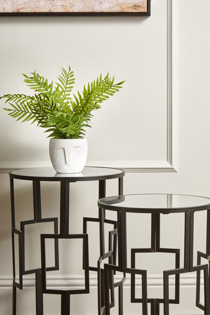 Avantis Black Finish Set of 2 Round Side Tables with Geometric Grid Design