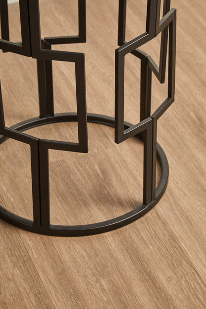 Avantis Black Finish Set of 2 Round Side Tables with Geometric Grid Design
