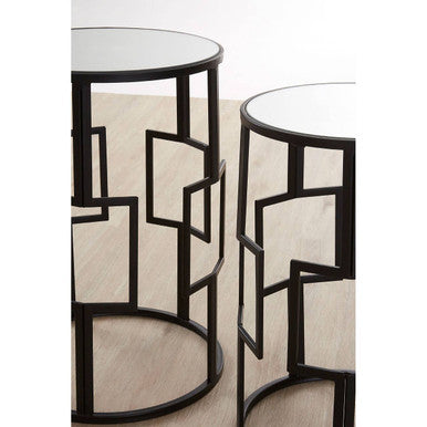 Avantis Black Finish Set of 2 Round Side Tables with Geometric Grid Design