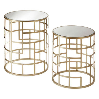 Avantis Champagne Finish Set of 2 Round Side Tables with Art Deco Design