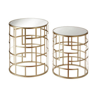 Avantis Champagne Finish Set of 2 Round Side Tables with Art Deco Design