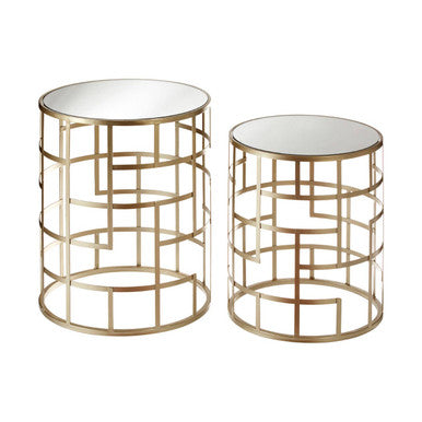 Avantis Champagne Finish Set of 2 Round Side Tables with Art Deco Design