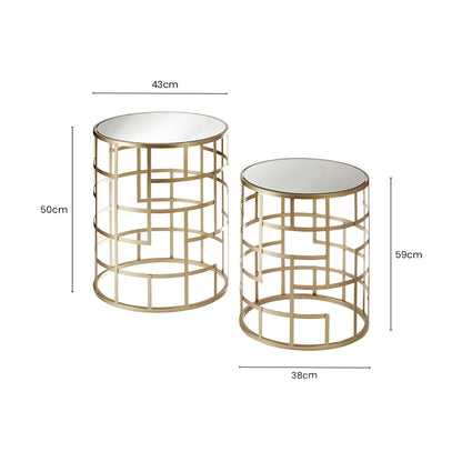 Avantis Champagne Finish Set of 2 Round Side Tables with Art Deco Design