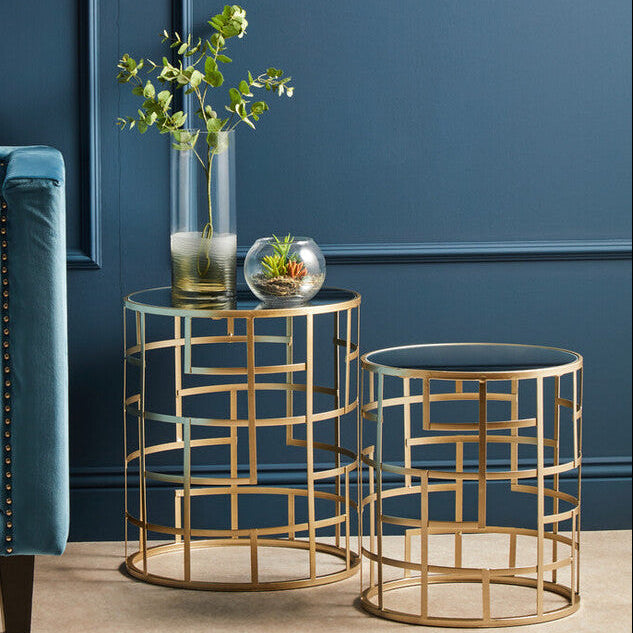 Avantis Champagne Finish Set of 2 Round Side Tables with Art Deco Design