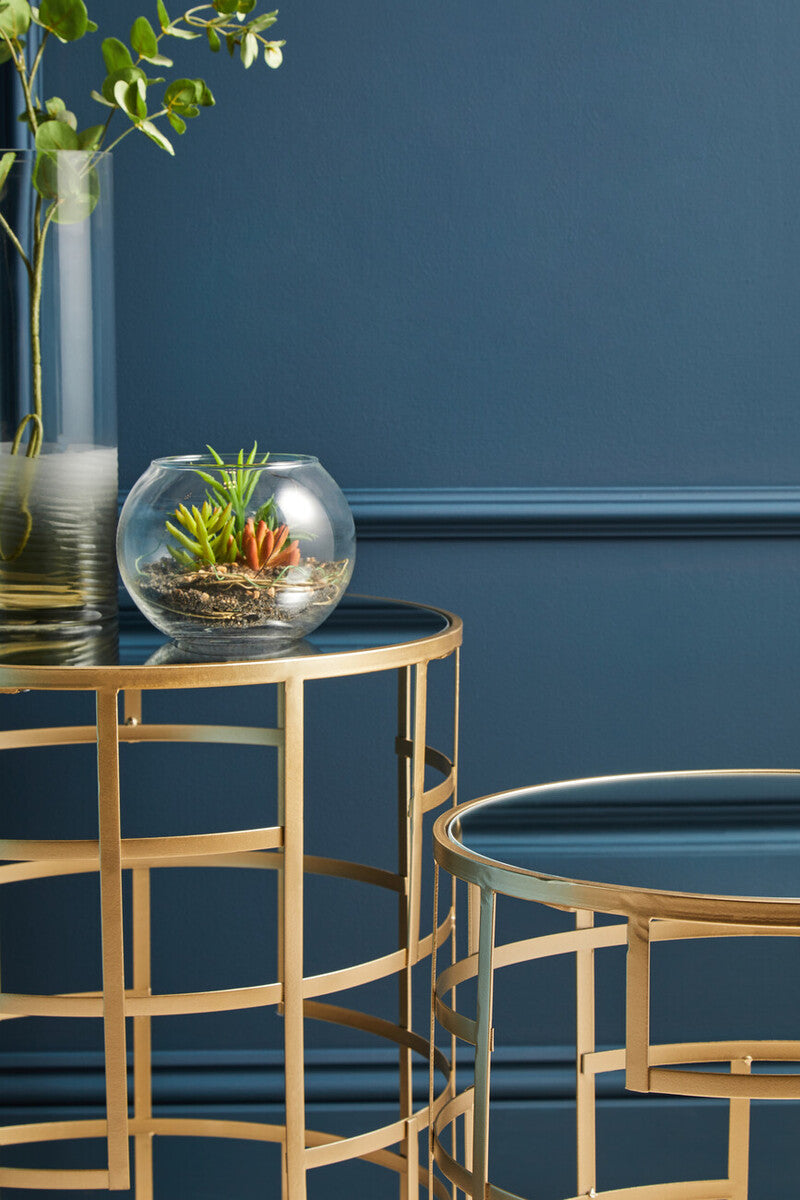 Avantis Champagne Finish Set of 2 Round Side Tables with Art Deco Design