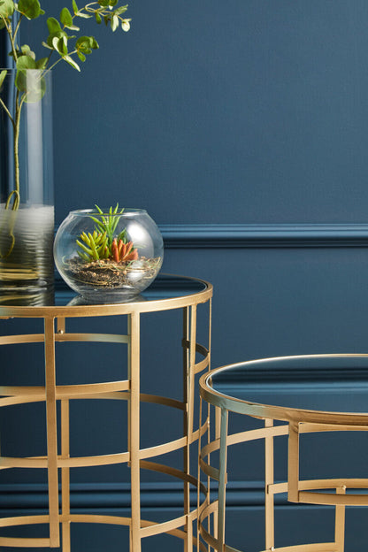 Avantis Champagne Finish Set of 2 Round Side Tables with Art Deco Design